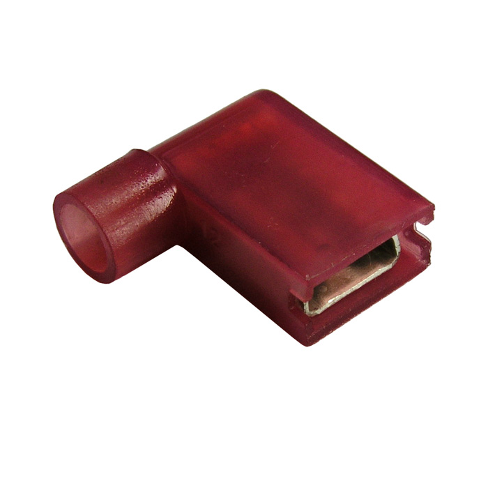 Клемма флажковая изолированная угловая RUICHI BNYF-1.25, 0,8 х 6,35 мм, 10 А, 22-18 AWG, красная, медь